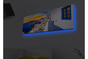 Canvastavla med LED-belysning - Vacker vy över vita hus med blå kupoler mot havet och en färgsprakande solnedgång - Blå / Vit / Orange - Inredning & dekor - Tavlor & konst - Canvastavla