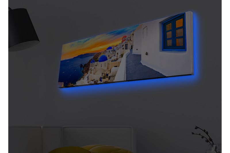 Canvastavla med LED-belysning - Vacker vy över vita hus med blå kupoler mot havet och en färgsprakande solnedgång - Blå / Vit / Orange - Inredning & dekor - Tavlor & konst - Canvastavla