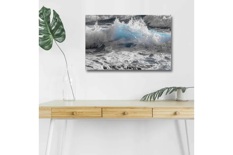 Canvastavla med LED-belysning - Vågskvalp i dramatiska nyanser av blått och vitt, Blå / Vit / Grå