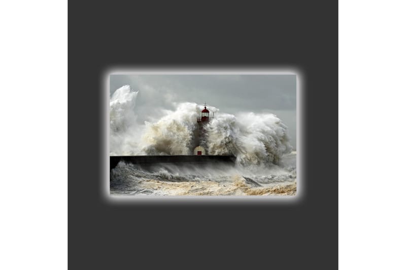 Canvastavla med LED-belysning - Vågskvalp som slår mot en fyr i stormigt väder - Grå / Vit / Brun - Inredning & dekor - Tavlor & konst - Canvastavla