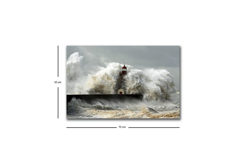 Canvastavla med LED-belysning - Vågskvalp som slår mot en fyr i stormigt väder - Grå / Vit / Brun - Inredning & dekor - Tavlor & konst - Canvastavla