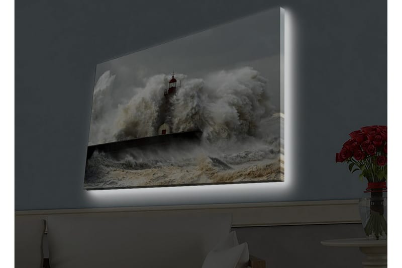 Canvastavla med LED-belysning - Vågskvalp som slår mot en fyr i stormigt väder - Grå / Vit / Brun - Inredning & dekor - Tavlor & konst - Canvastavla