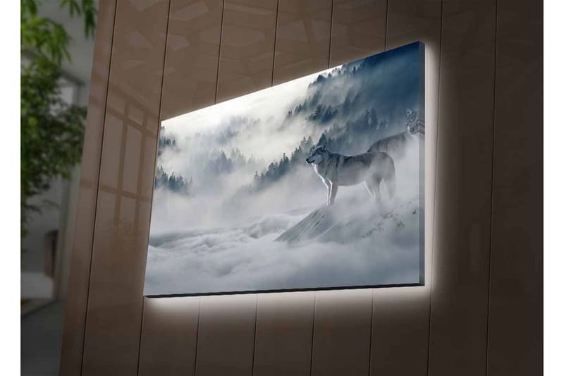 Canvastavla med LED-belysning - Varg i dimmig skogsmiljö - Grå / Blå / Vit - Inredning & dekor - Tavlor & konst - Canvastavla