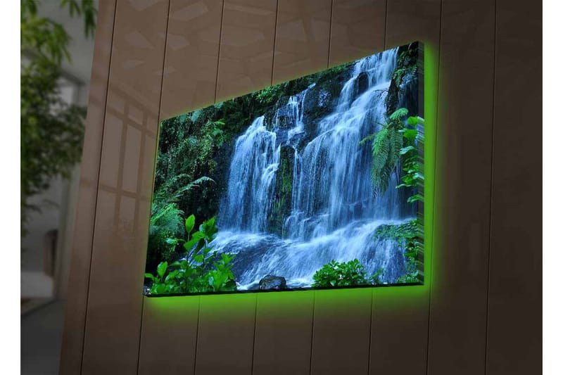 Canvastavla med LED-belysning - Vattenfall omgiven av frodig grönska - Grön / Blå / Vit - Inredning & dekor - Tavlor & konst - Canvastavla