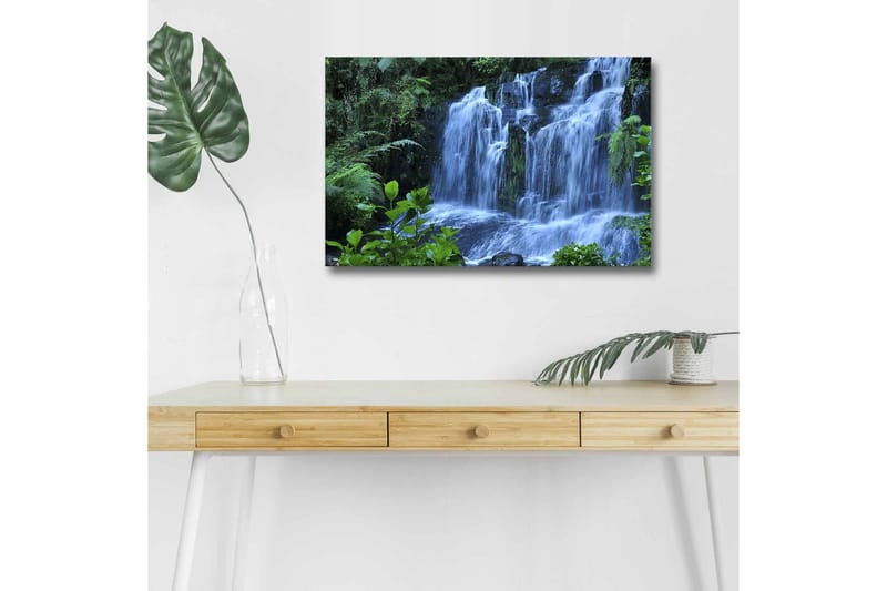 Canvastavla med LED-belysning - Vattenfall omgiven av frodig grönska - Grön / Blå / Vit - Inredning & dekor - Tavlor & konst - Canvastavla