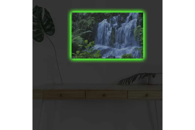 Canvastavla med LED-belysning - Vattenfall omgiven av frodig grönska - Grön / Blå / Vit - Inredning & dekor - Tavlor & konst - Canvastavla