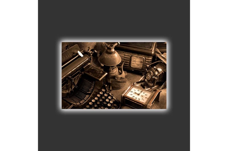 Canvastavla med LED-belysning - Vintage skrivmaskin och gamla föremål i en nostalgisk komposition - Brun / Svart / Beige - Inredning & dekor - Tavlor & konst - Canvastavla
