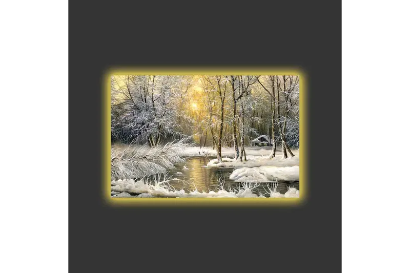 Canvastavla med LED-belysning - Vinterlandskap med snöklädda träd och en stilla å - Vit / Ljusblå / Grön - Inredning & dekor - Tavlor & konst - Canvastavla