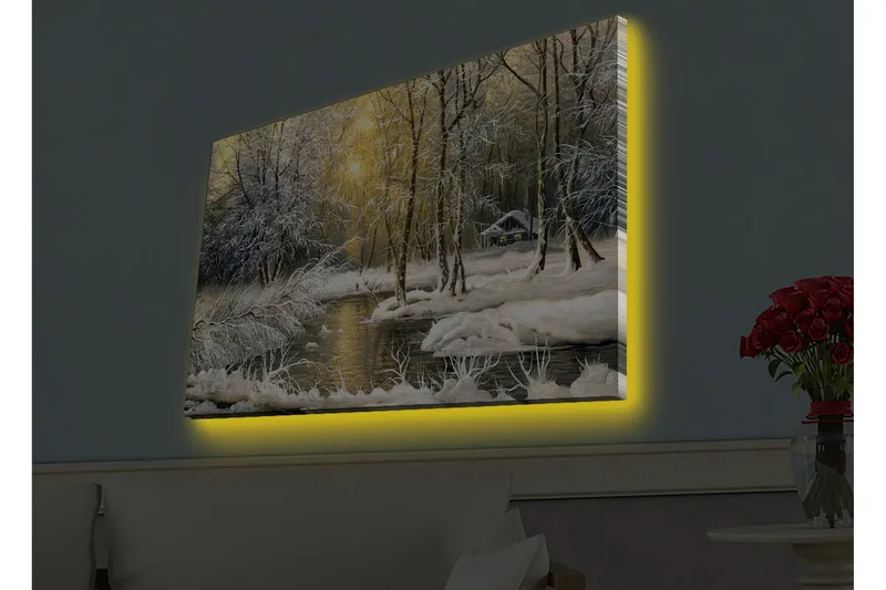 Canvastavla med LED-belysning - Vinterlandskap med snöklädda träd och en stilla å - Vit / Ljusblå / Grön - Inredning & dekor - Tavlor & konst - Canvastavla