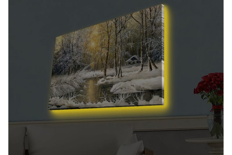 Canvastavla med LED-belysning - Vinterlandskap med snöklädda träd och en stilla å - Vit / Ljusblå / Grön - Inredning & dekor - Tavlor & konst - Canvastavla
