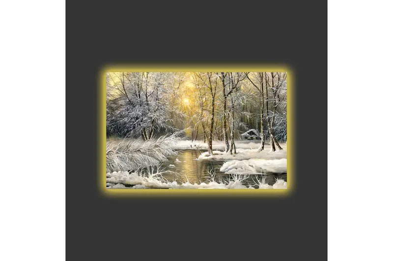 Canvastavla med LED-belysning - Vinterlandskap med snöklädda träd och en stilla å - Vit / Ljusblå / Grön - Inredning & dekor - Tavlor & konst - Canvastavla