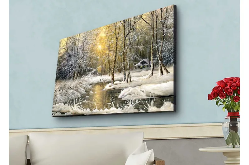 Canvastavla med LED-belysning - Vinterlandskap med snöklädda träd och en stilla å - Vit / Ljusblå / Grön - Inredning & dekor - Tavlor & konst - Canvastavla