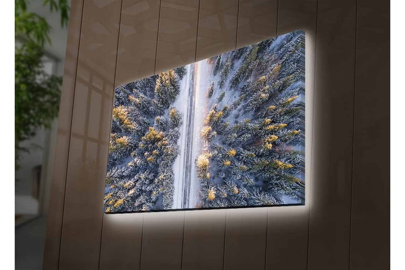 Canvastavla med LED-belysning - Vinterlandskap med snötäckta träd och en väg som sträcker sig genom skogen - Grå / Grön / Gul - Inredning & dekor - Tavlor & konst - Canvastavla