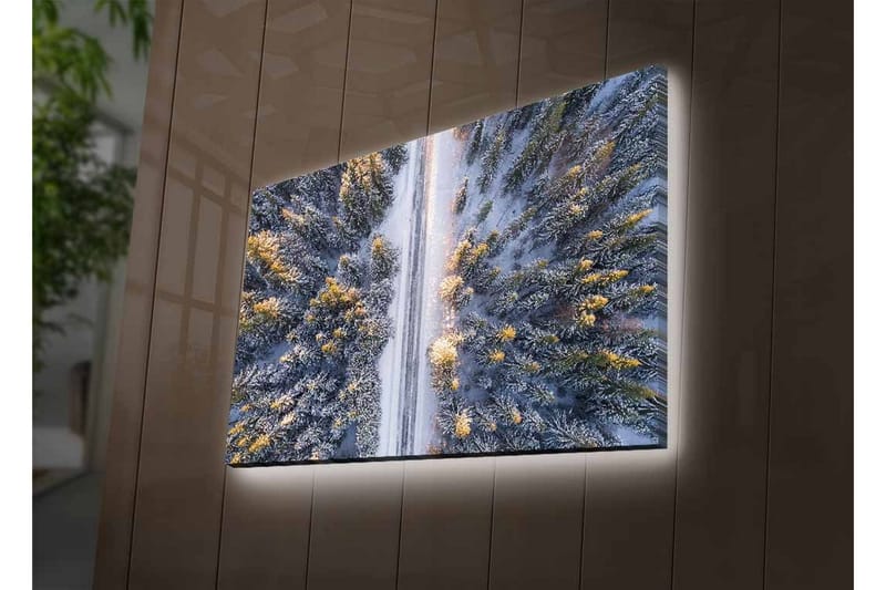 Canvastavla med LED-belysning - Vinterlandskap med snötäckta träd och en väg som sträcker sig genom skogen - Grå / Grön / Gul - Inredning & dekor - Tavlor & konst - Canvastavla