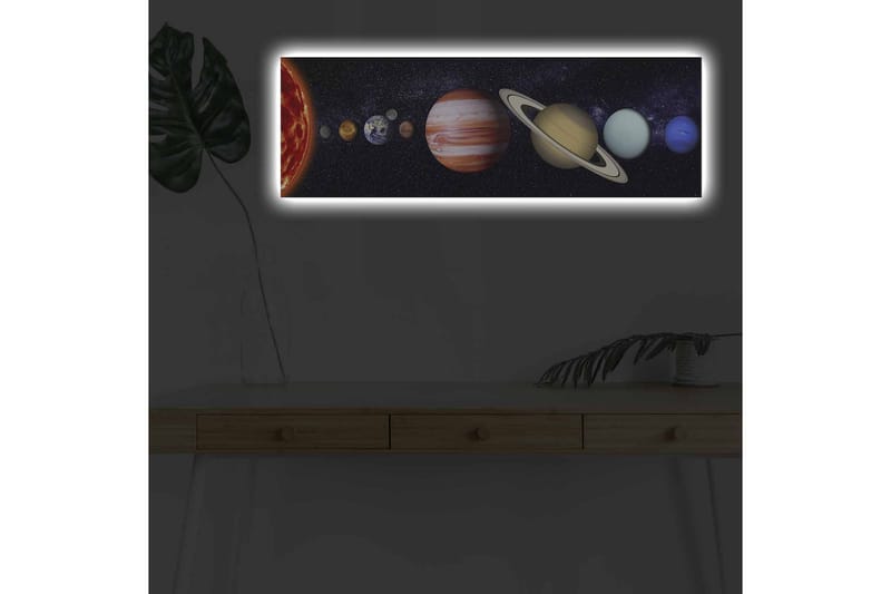 Canvastavla med LED-belysning - Planeter i solsystemet i en stjärnklar bakgrund, Mörkblå / Orange / Beige