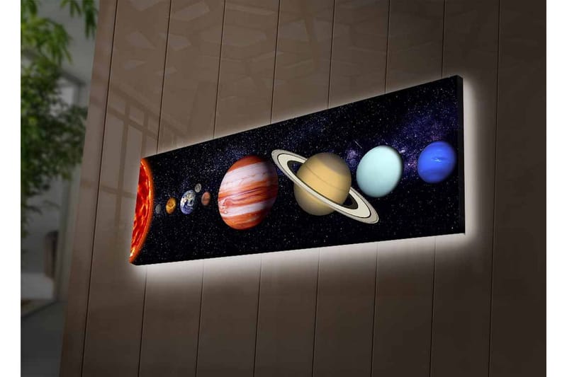 Canvastavla med LED-belysning - Planeter i solsystemet i en stjärnklar bakgrund - Mörkblå / Orange / Beige - Inredning & dekor - Tavlor & konst - Canvastavla
