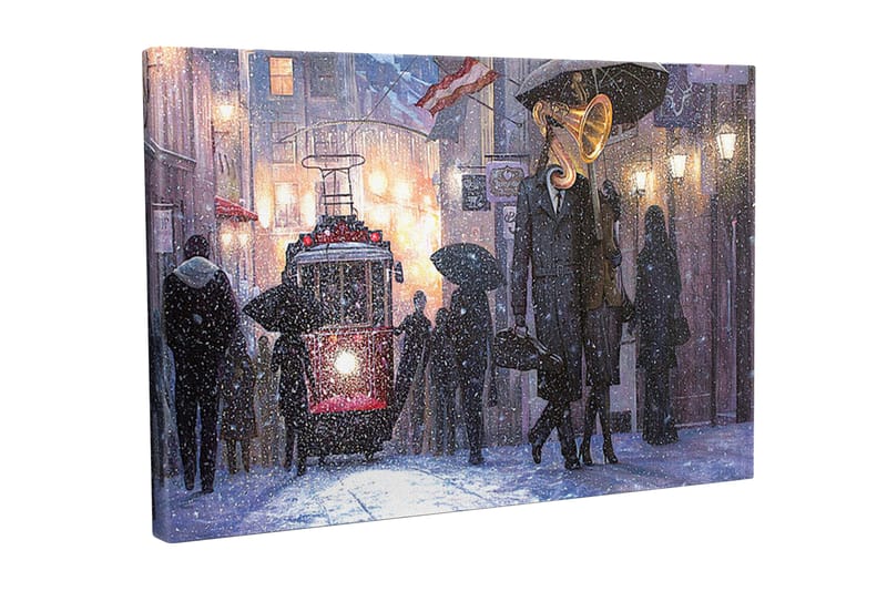 Canvastavla - Mörk stadsscen med en gammaldags spårvagn och människor med paraplyer i snöfall - Mörkblå / Röd / Grå - Inredning & dekor - Tavlor & konst - Canvastavla