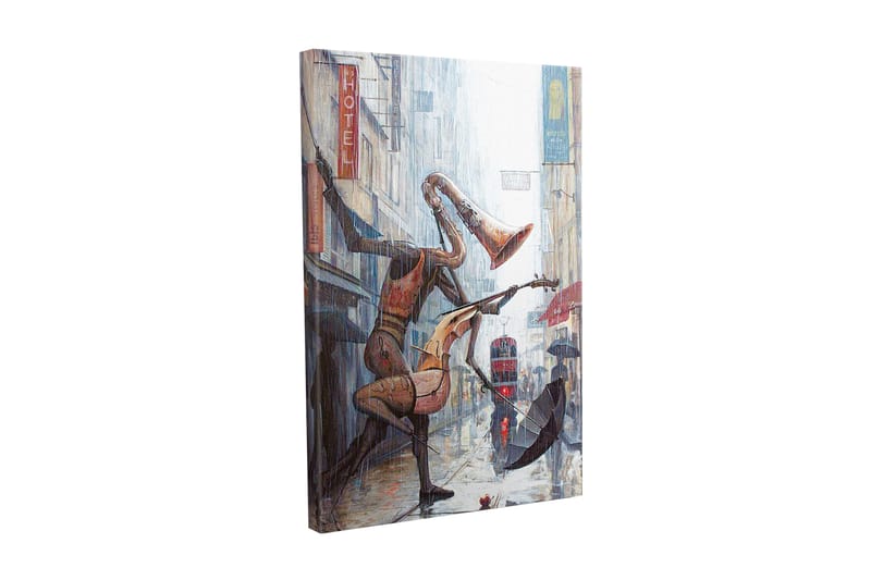 Canvastavla - Musikaliska figurer som dansar i regnet på en stadsgata - Röd / Brun / Grå - Inredning & dekor - Tavlor & konst - Canvastavla