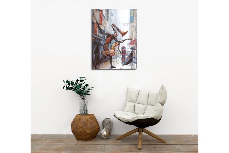Canvastavla - Musikaliska figurer som dansar i regnet på en stadsgata - Röd / Brun / Grå - Inredning & dekor - Tavlor & konst - Canvastavla
