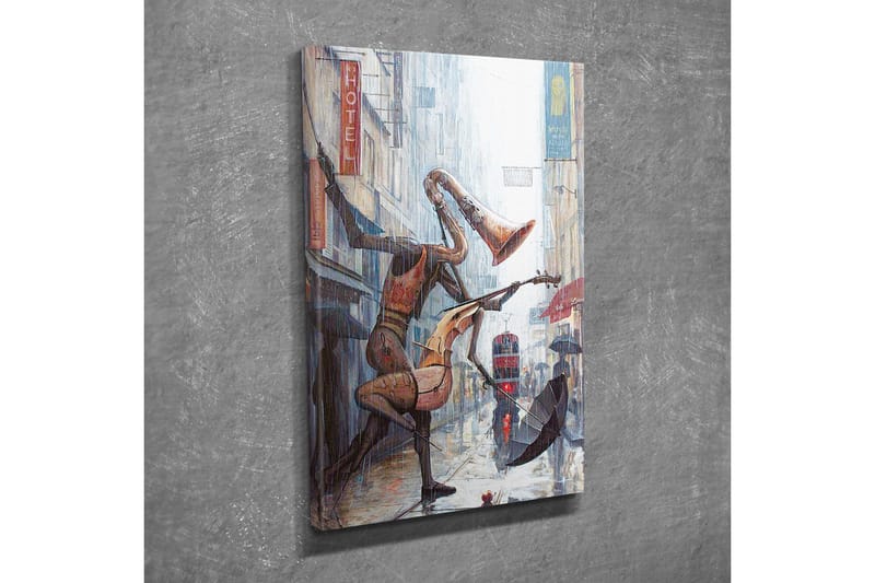 Canvastavla - Musikaliska figurer som dansar i regnet på en stadsgata - Röd / Brun / Grå - Inredning & dekor - Tavlor & konst - Canvastavla