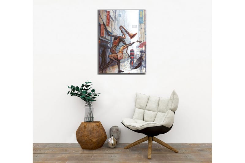 Canvastavla - Musikaliska figurer som dansar i regnet på en stadsgata - Röd / Brun / Grå - Inredning & dekor - Tavlor & konst - Canvastavla