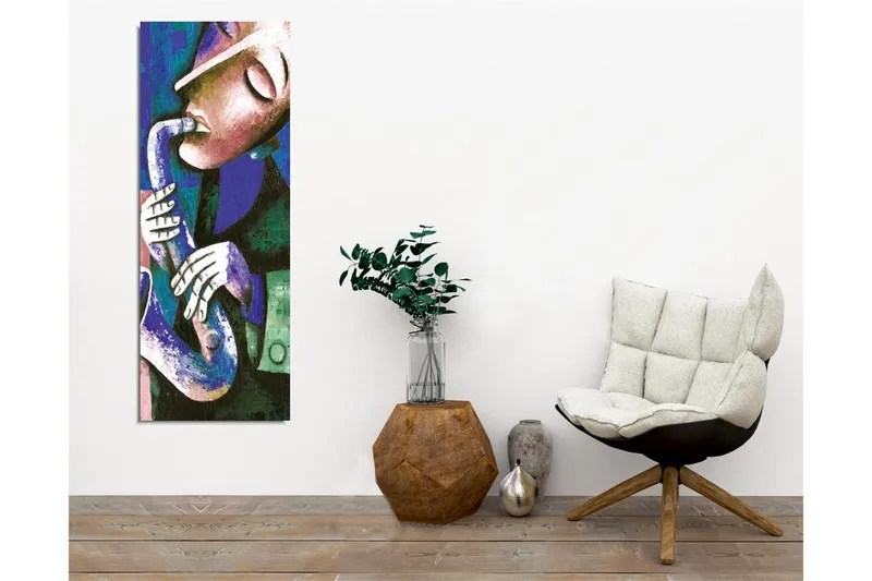 Canvastavla - Musiker som spelar saxofon med uttrycksfulla drag - Mörkblå / Grön / Vit - Inredning & dekor - Tavlor & konst - Canvastavla