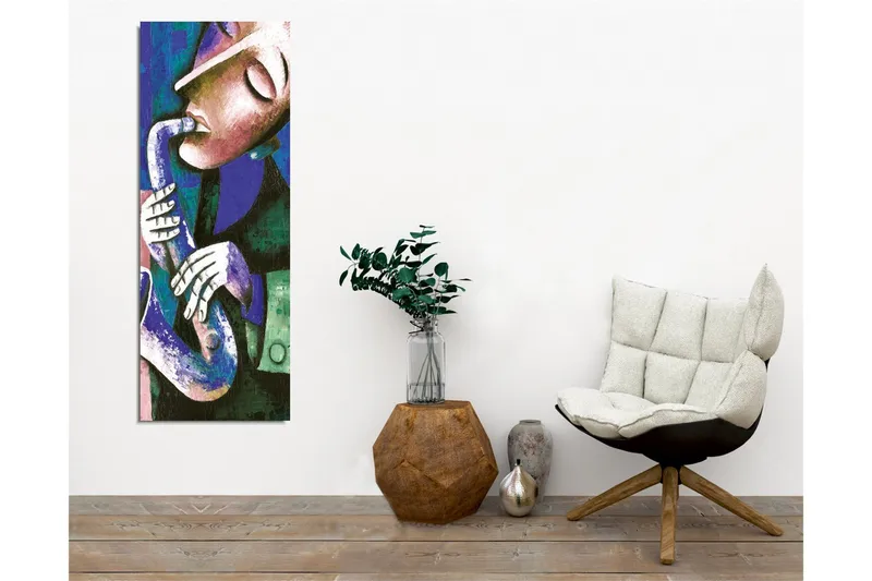 Canvastavla - Musiker som spelar saxofon med uttrycksfulla drag - Mörkblå / Grön / Vit - Inredning & dekor - Tavlor & konst - Canvastavla