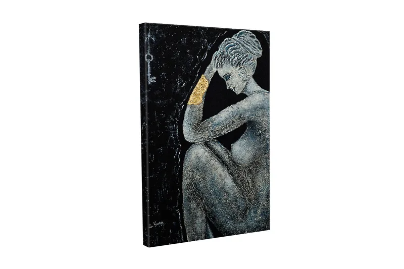 Canvastavla - Naken kvinna i en eftertänksam pose med en gyllene detalj på armen, Svart / Grå / Guld