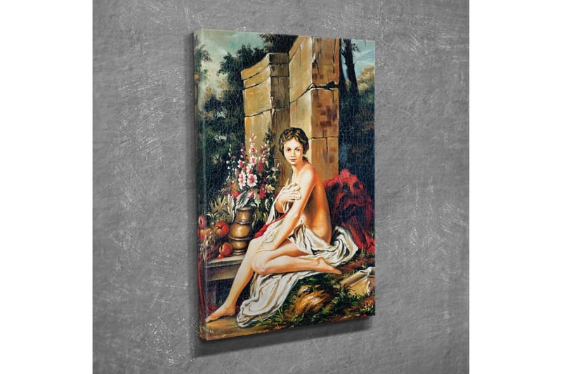 Canvastavla - Naken kvinna sittande vid en blomsterbukett och en kruka - Hudton / Grön / Röd - Inredning & dekor - Tavlor & konst - Canvastavla