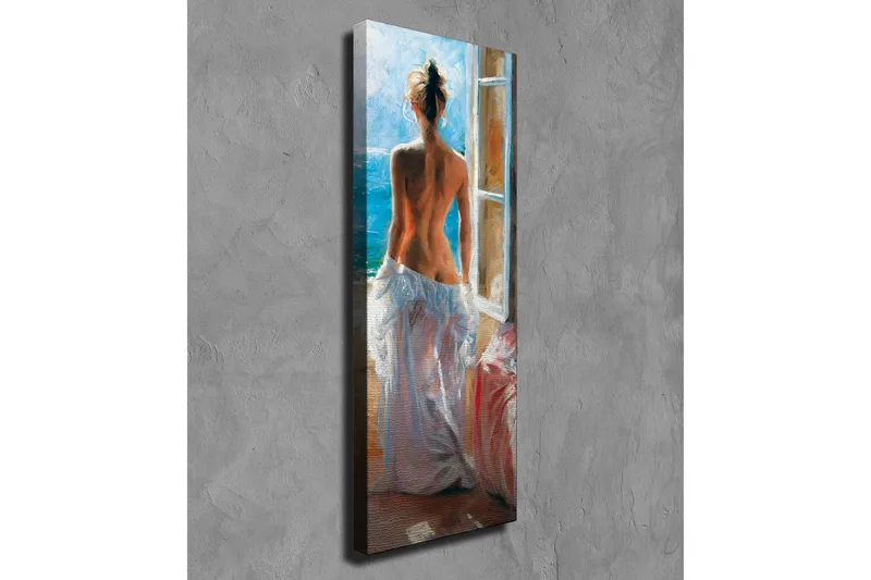 Canvastavla - Naken kvinna som står vid ett fönster med utsikt över havet - Blå / Vit / Beige - Inredning & dekor - Tavlor & konst - Canvastavla