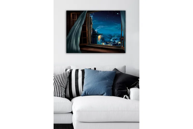 Canvastavla - Nattutsikt genom ett öppet fönster med stjärnor och stadsljus - Mörkblå / Ljusblå / Grå - Inredning & dekor - Tavlor & konst - Canvastavla
