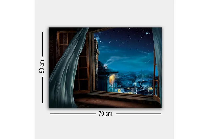 Canvastavla - Nattutsikt genom ett öppet fönster med stjärnor och stadsljus - Mörkblå / Ljusblå / Grå - Inredning & dekor - Tavlor & konst - Canvastavla