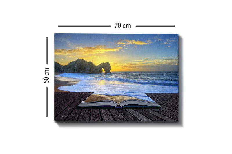 Canvastavla - Öppen bok med en strand och solnedgång i bakgrunden - Blå / Gyllene / Beige - Inredning & dekor - Tavlor & konst - Canvastavla