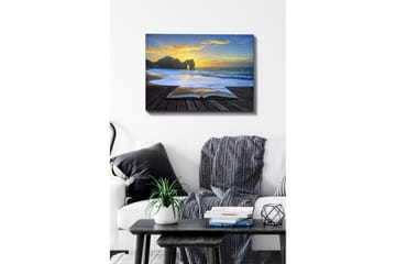 Canvastavla - Öppen bok med en strand och solnedgång i bakgrunden - Blå / Gyllene / Beige - Inredning & dekor - Tavlor & konst - Canvastavla