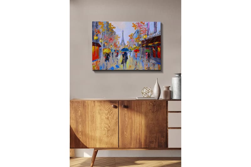 Canvastavla - Regnig gatubild med människor under paraplyer i en stadsmiljö - Gult / Rött / Blått - Inredning & dekor - Tavlor & konst - Canvastavla