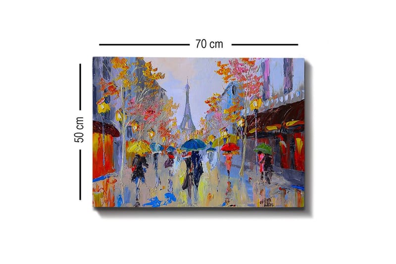Canvastavla - Regnig gatubild med människor under paraplyer i en stadsmiljö - Gult / Rött / Blått - Inredning & dekor - Tavlor & konst - Canvastavla
