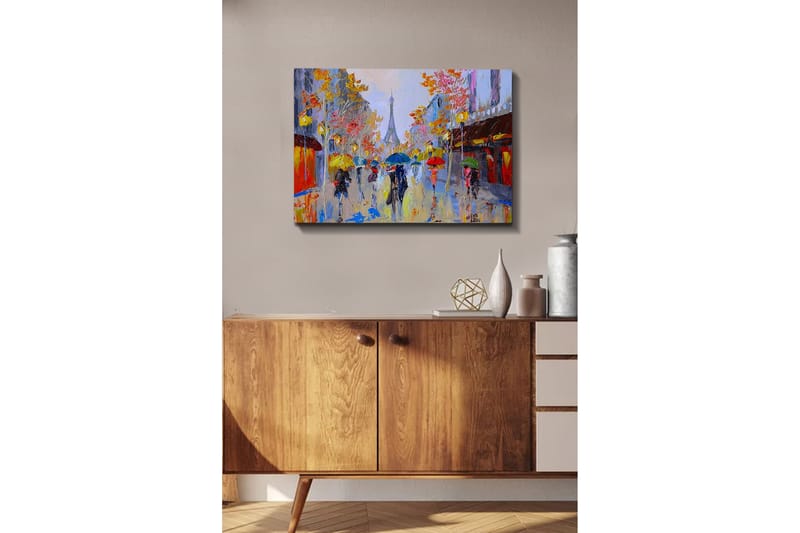 Canvastavla - Regnig gatubild med människor under paraplyer i en stadsmiljö - Gult / Rött / Blått - Inredning & dekor - Tavlor & konst - Canvastavla