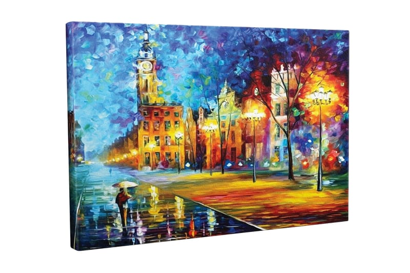 Canvastavla - Regnig stadsbild med en person som bär ett paraply - Blå / Orange / Gul - Inredning & dekor - Tavlor & konst - Canvastavla