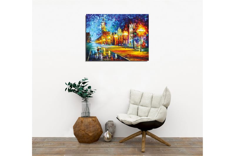 Canvastavla - Regnig stadsbild med en person som bär ett paraply - Blå / Orange / Gul - Inredning & dekor - Tavlor & konst - Canvastavla