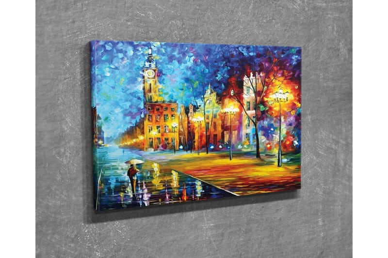 Canvastavla - Regnig stadsbild med en person som bär ett paraply - Blå / Orange / Gul - Inredning & dekor - Tavlor & konst - Canvastavla