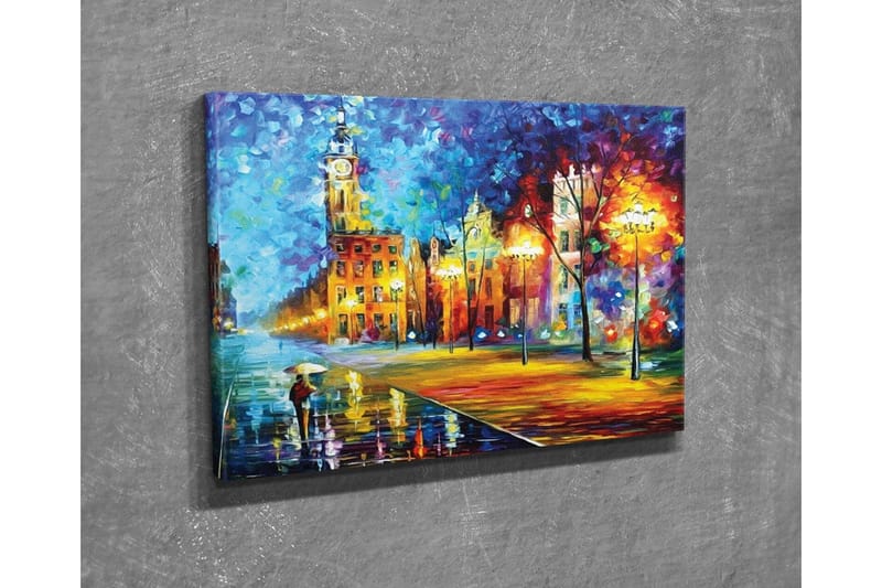 Canvastavla - Regnig stadsbild med en person som bär ett paraply - Blå / Orange / Gul - Inredning & dekor - Tavlor & konst - Canvastavla