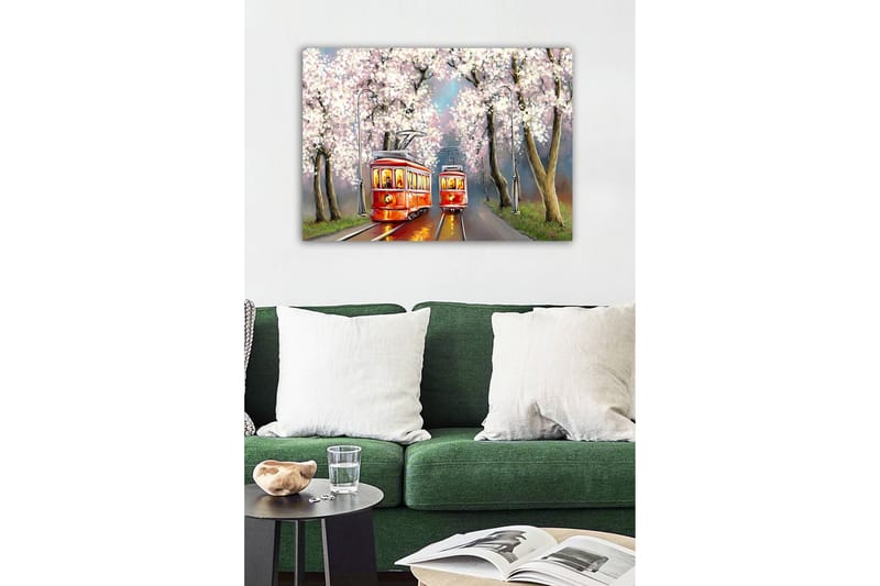 Canvastavla - Röda spårvagnar under blommande körsbärsträd - Röd / Rosa / Grön - Inredning & dekor - Tavlor & konst - Canvastavla