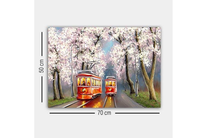 Canvastavla - Röda spårvagnar under blommande körsbärsträd - Röd / Rosa / Grön - Inredning & dekor - Tavlor & konst - Canvastavla
