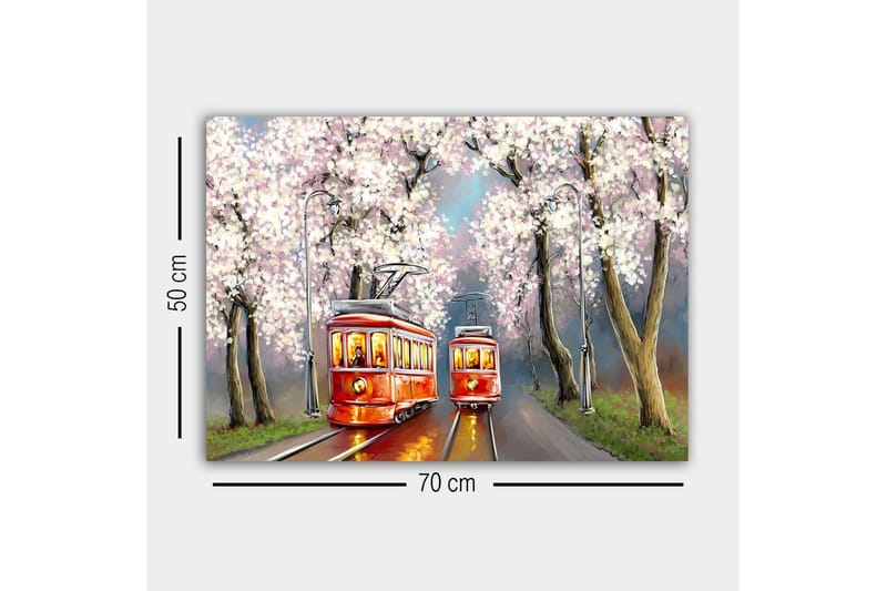 Canvastavla - Röda spårvagnar under blommande körsbärsträd - Röd / Rosa / Grön - Inredning & dekor - Tavlor & konst - Canvastavla