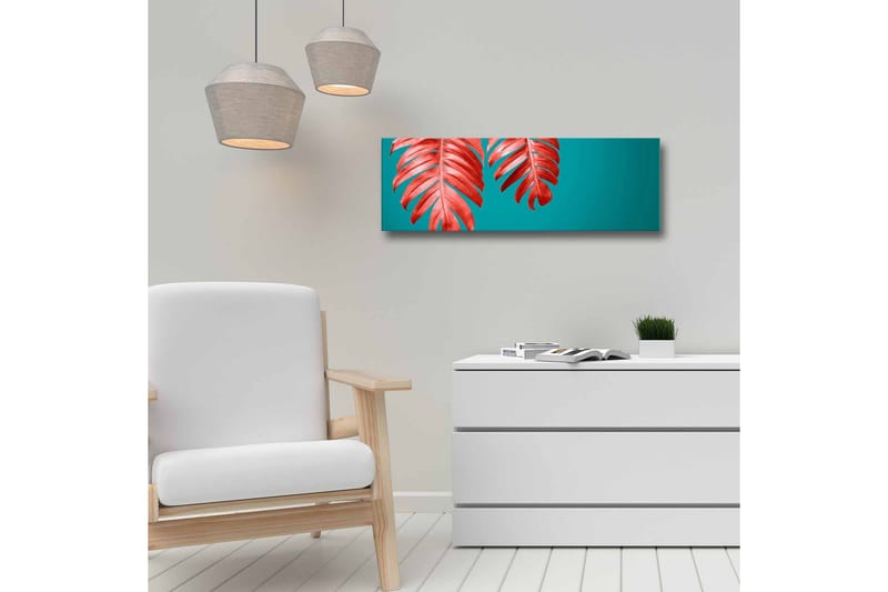Canvastavla - Röda palmblad mot en turkos bakgrund - Röd / Turkos - Inredning & dekor - Tavlor & konst - Canvastavla