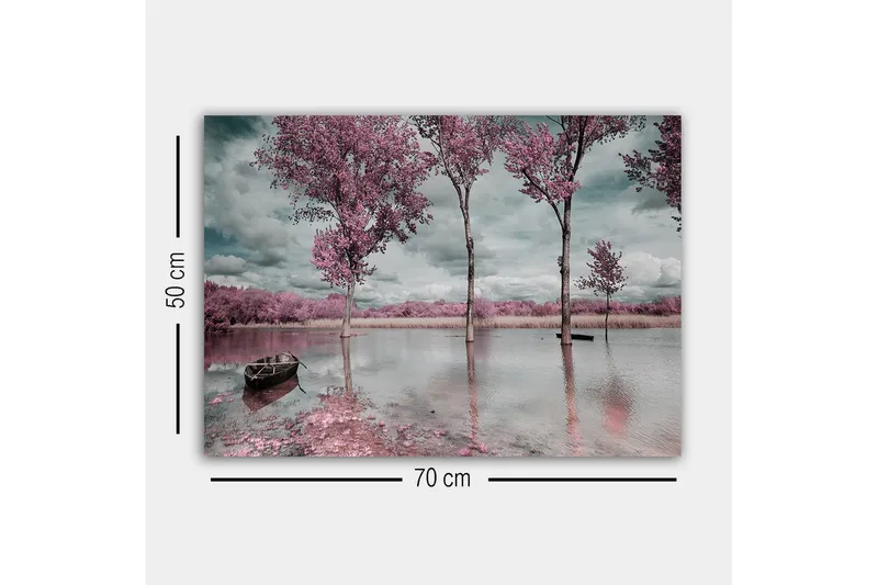 Canvastavla - Rosa träd vid en spegelblanka sjö med en båt i förgrunden - Rosa / Grå / Blå - Inredning & dekor - Tavlor & konst - Canvastavla