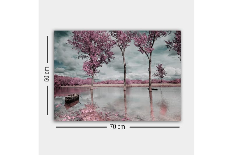 Canvastavla - Rosa träd vid en spegelblanka sjö med en båt i förgrunden - Rosa / Grå / Blå - Inredning & dekor - Tavlor & konst - Canvastavla