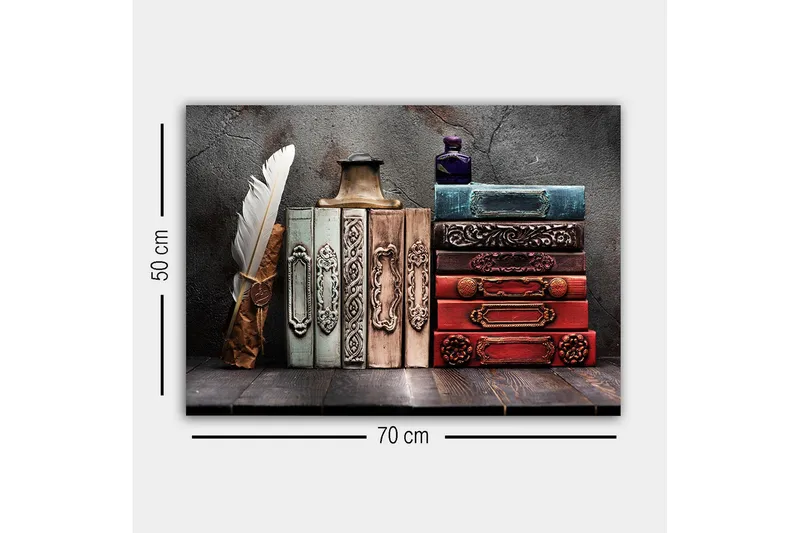 Canvastavla - Samling av antika böcker med dekorativa ryggar och en fjäderpenna - Mörkröd / Grön / Blå - Inredning & dekor - Tavlor & konst - Canvastavla