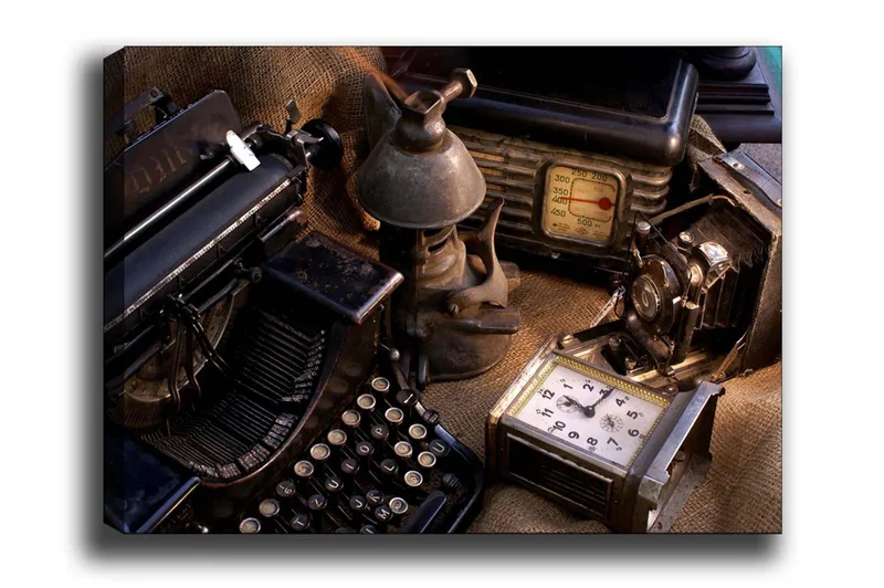 Canvastavla - Samling av vintage skrivmaskiner och gamla apparater, Svart / Brunt / Grått