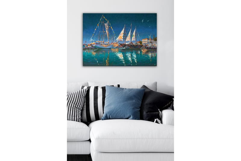 Canvastavla - Segelbåtar i en hamn under stjärnklar himmel - Mörkblå / Turkos / Vit - Inredning & dekor - Tavlor & konst - Canvastavla